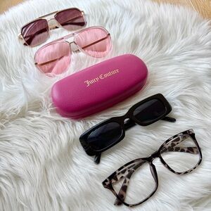 JUICY COUTURE Pink Sunglasses Case + 3 pairs sunglasses + pair fashion glasses